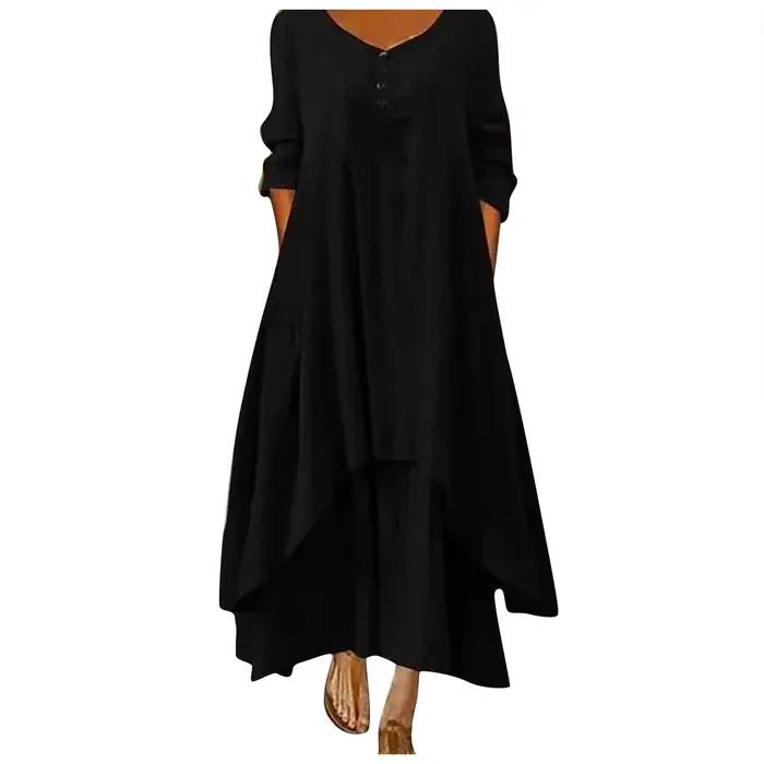 Robe longue en coton pour femmes, décontractée, à la mode, avec boutons, couleur unie, pour document