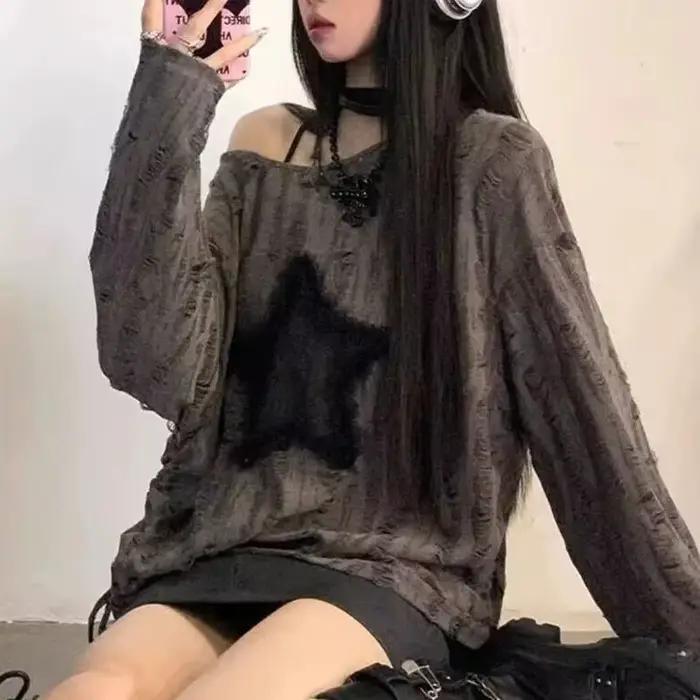 Y2K trou étoile imprimé T-Shirt femmes mode Streetwear épaules nues hauts été surdimensionné Kpop à