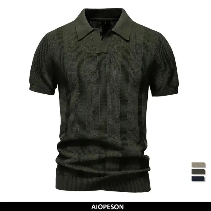 AIOPESON 2025 Polo en maille unie et rayée pour homme – Haut décontracté en tricot respirant avec co