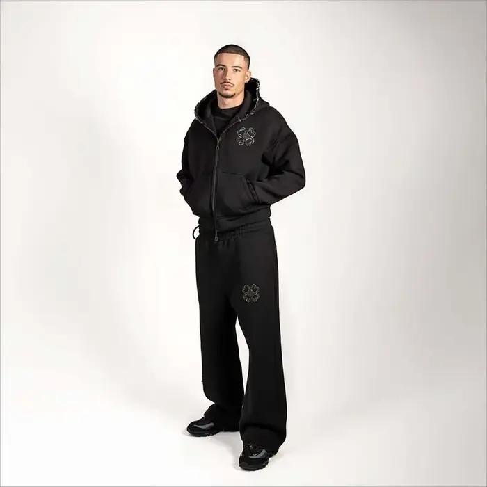 Ensemble survêtement homme printemps-automne, sweat à capuche zippé avec applique trèfle à quatre fe