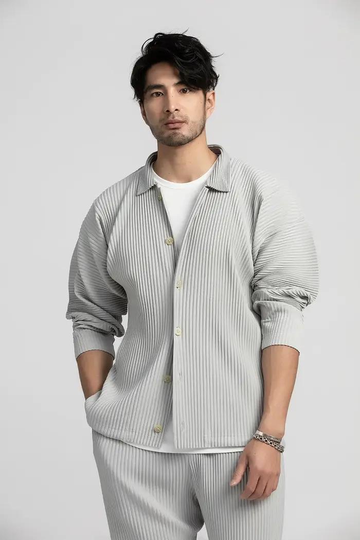 Miyake chemise plissée chemise à revers noir à manches longues t-shirt pour hommes manteau décontrac