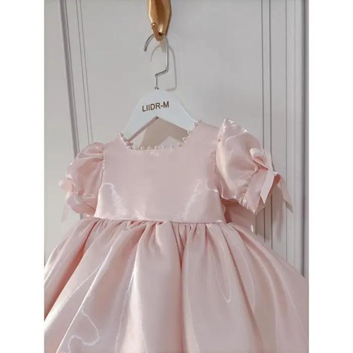 Robes pour enfants à manches bouffantes et perles roses, avec nœud, vêtements de spectacle de danse,