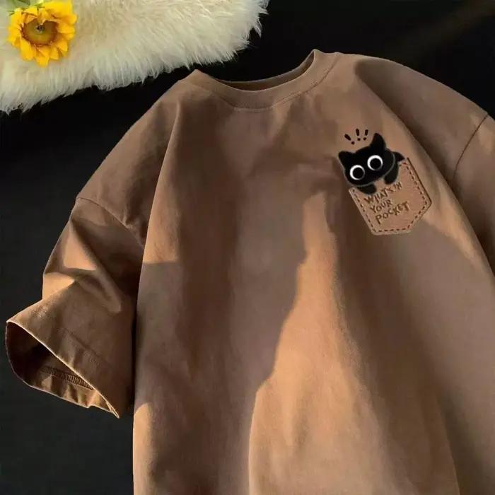 T-shirt décontracté à manches courtes style japonais-coréen, coupe ample, pour couple, motif dessin