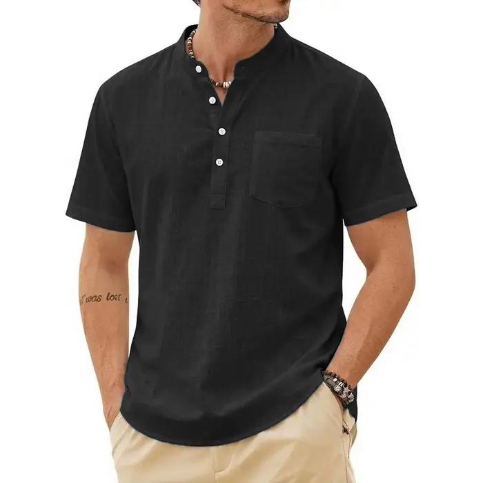 Chemise d'été décontractée pour homme à manches courtes, en lin de luxe uni, tendance, respirante, a