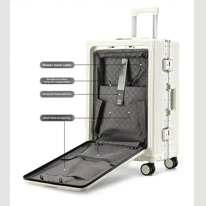 Valise à bagages roulante de grande capacité, ouverture frontale, cadre en aluminium ABS + boîtier d