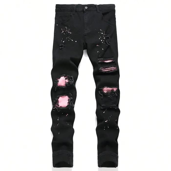 Jean en Denim extensible et Slim pour hommes, pantalon décontracté déchiré, trou Patchwork, coupe ci