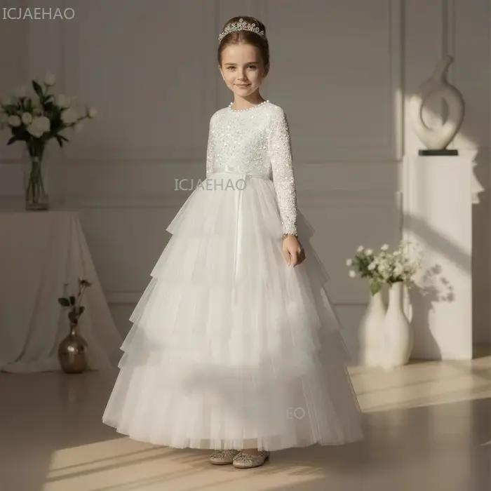 Robes de cérémonie blanches pour filles, style princesse, avec jupe à volants, pour fête, anniversai