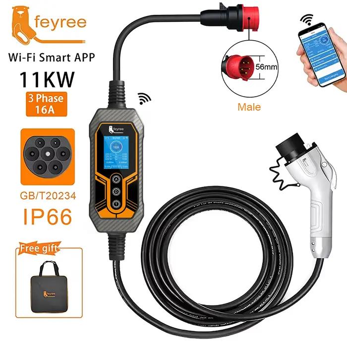 Feyree GB/T chargeur EV Portable 32A 7KW 1 phase APP Version Bluetooth EVSE 11KW 16A câble triphasé