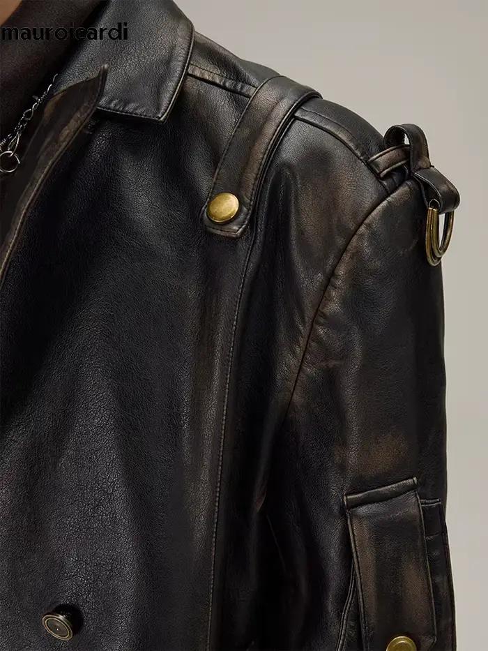 Mauroicardi-Manteau Long en Cuir Pu Noir pour Homme, Ceinture Double Boutonnage, Luxe, Mode Européen