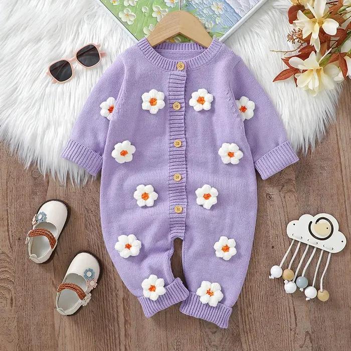 Barboteuse manches longues bébés filles imprimé floral doux combinaison acrylique body nouveau-né
