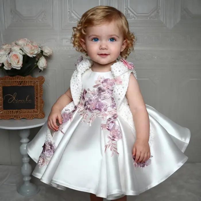 Robe princesse blanche à fleurs pour enfants, tenue Tutu brodée d'un an, sans manches, haut de gamme