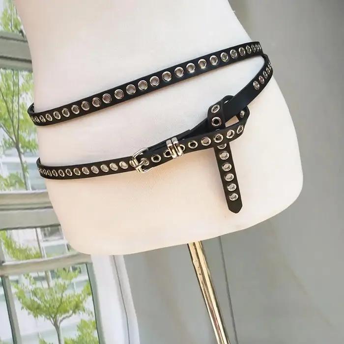 Rivet oeillet bricolage porter ceinture de taille en cuir PU Double cercle chaîne de taille nouée Ex