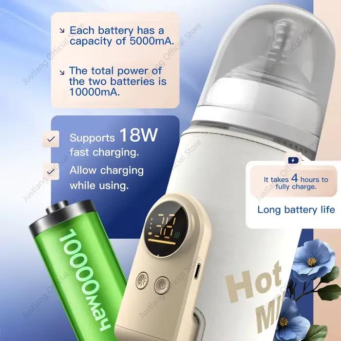 JUSTLANG 10000mAh chauffe-biberon 5 niveaux de chaleur multifonction chauffe-lait maternel contrôle