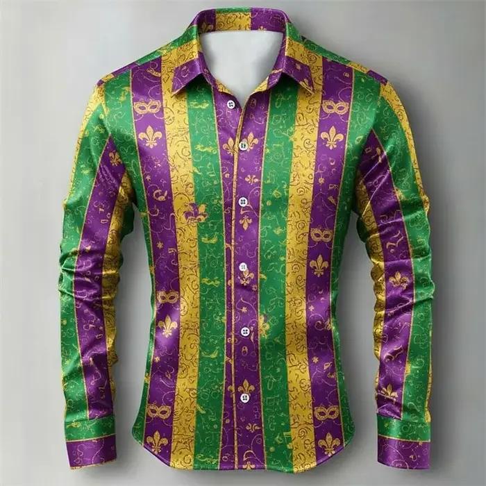 Mardi Gras – chemise à carreaux pour hommes, chemise boutonnée à manches longues, hawaïenne, décontr