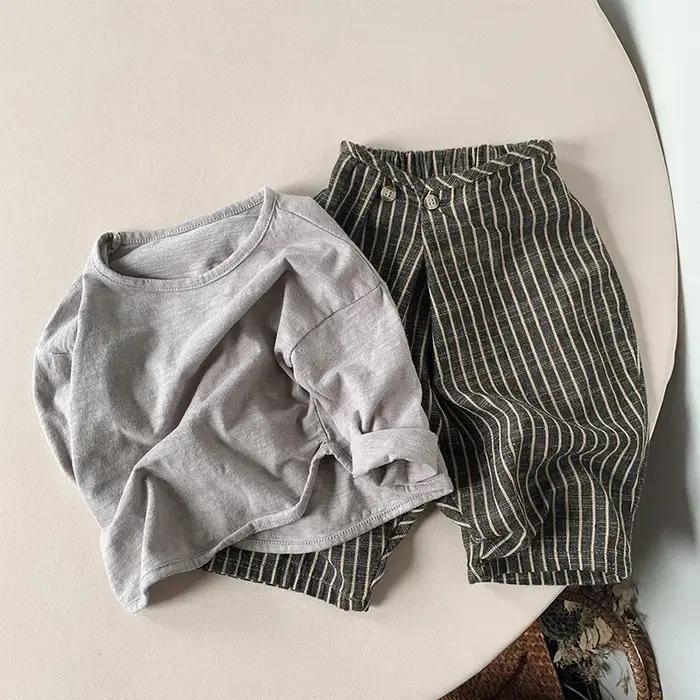 Pantalon rétro rayé coton lin enfant large décontracté japonais unisexe printemps automne WTP122