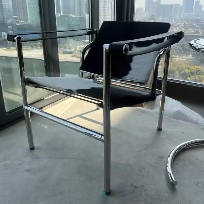 Chaise de loisirs simple en cuir et acier inoxydable, chaise pivotante d'étude de balcon de salon, c