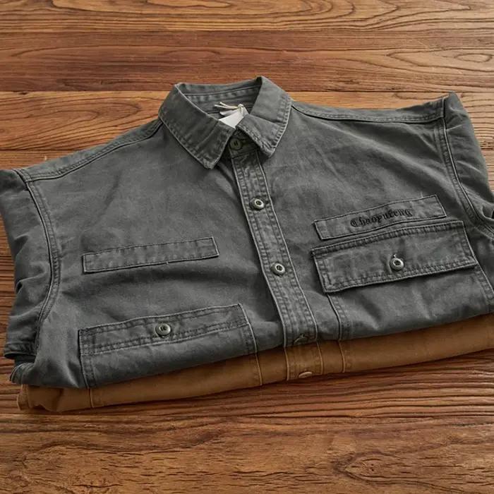 Chemise rapcargo à manches longues pour hommes, chemise rétro pour hommes, pur coton, manteau décont