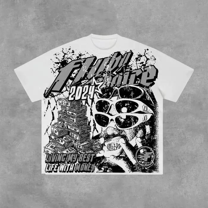 Fly By Choice Living My Best Life with Money Graphique 100% Coton T-Shirt Hommes Y2K Vintage Surdime