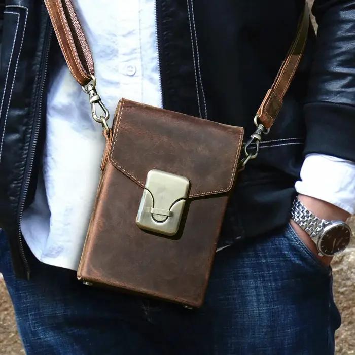 Fissuract's Name-Sac à Bandoulière en Cuir de Cheval pour Homme, Sacs à Main Décontractés avec Poudr