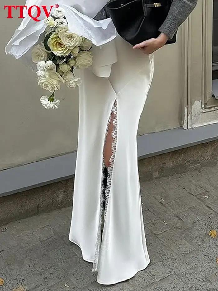 TTQV – jupe longue en Satin blanc pour femmes, ample, Sexy, taille haute, élégante, classique, fendu