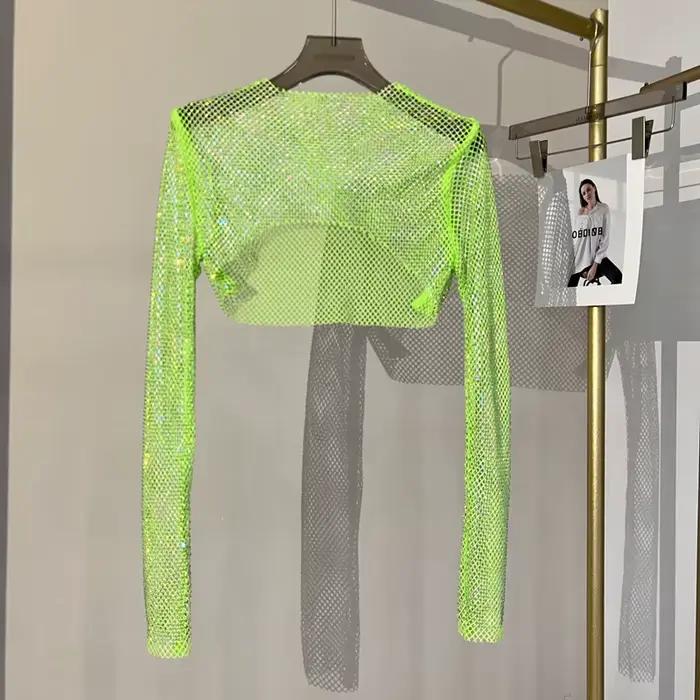 2023 nouveau sexy diamant brillant haut court mince mince mme perceuse chaude à manches longues T-sh