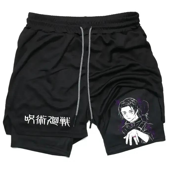 Short de compression 2-en-1 pour hommes, idéal pour la gym, la course et l'athlétisme, motif Anime J