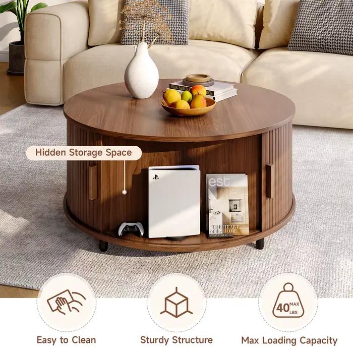 Table basse ronde avec rangement, table basse moderne de 31,5 po avec 360 ° Porte coulissante incu