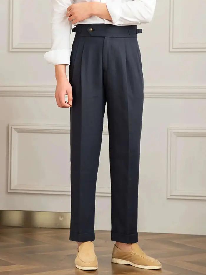 Pantalon en lin et coton taille haute pour homme, pantalon droit décontracté, pantalon plissé pour g