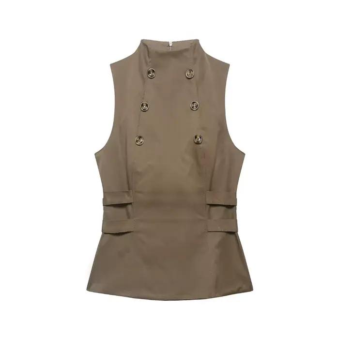Gilet décontracté pour femme, bicolore, à double boutonnage, col montant, sans manches, cintré à la