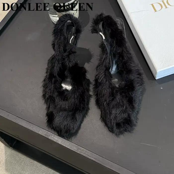 Sandales pointues à bride arrière pour femmes, chaussures à talons hauts, conception de fourrure à e