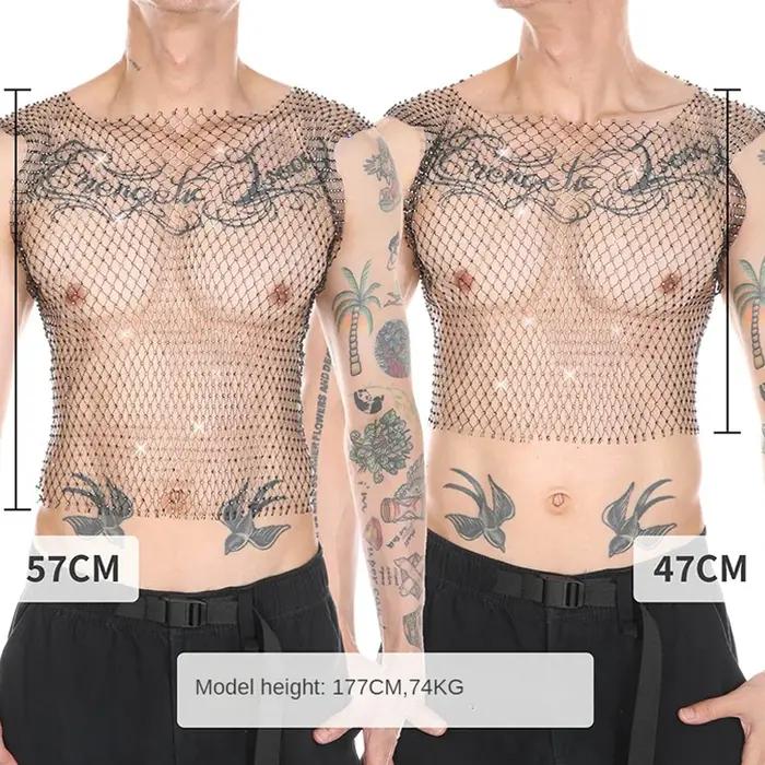Débardeur de Fitness Transparent pour hommes, gilet en résille Sexy avec strass, hauts musculaires t