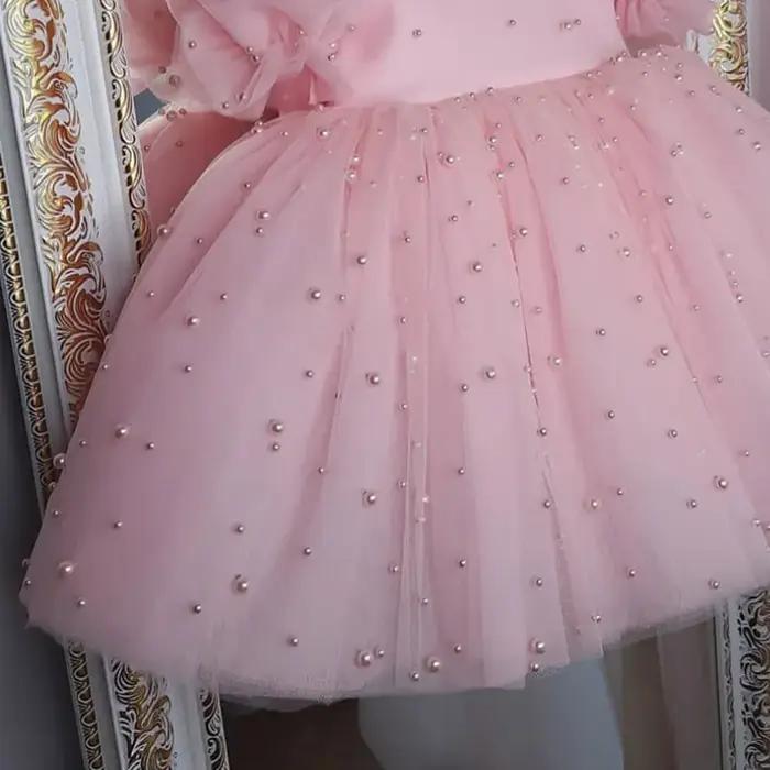 Robe de princesse tutu perlée pour bébé fille, manches bouffantes, nœud en tulle, vêtements de fête
