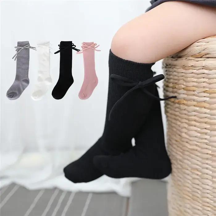 Chaussettes hautes pour enfants de 0 à 7 ans, chaussettes plates et longues avec nœud papillon, en c