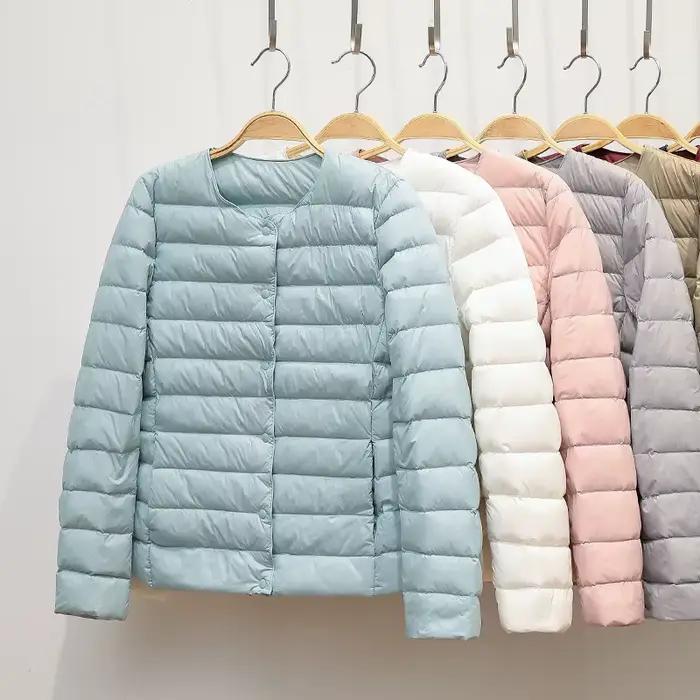 Veste en duvet de canard pour femme, col rond, col en v Variable, garde au chaud, sans col, manteau