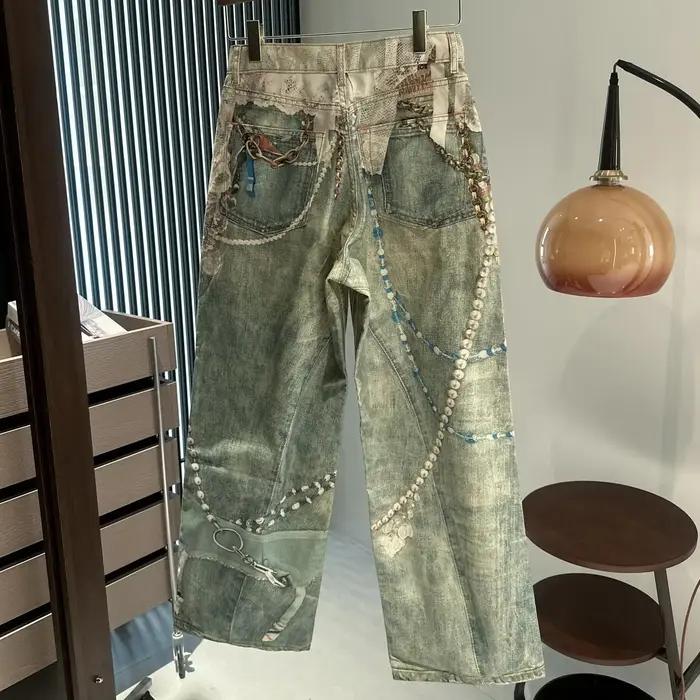 25SS dentelle perle chaîne trompe l'oeil 3D imprimé 1981 jambe droite jean pour hommes et femmes rop