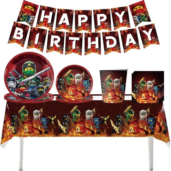 Décorations de fête d'anniversaire sur le thème de Ninjago, ballons Ninja, vaisselle, assiettes en p