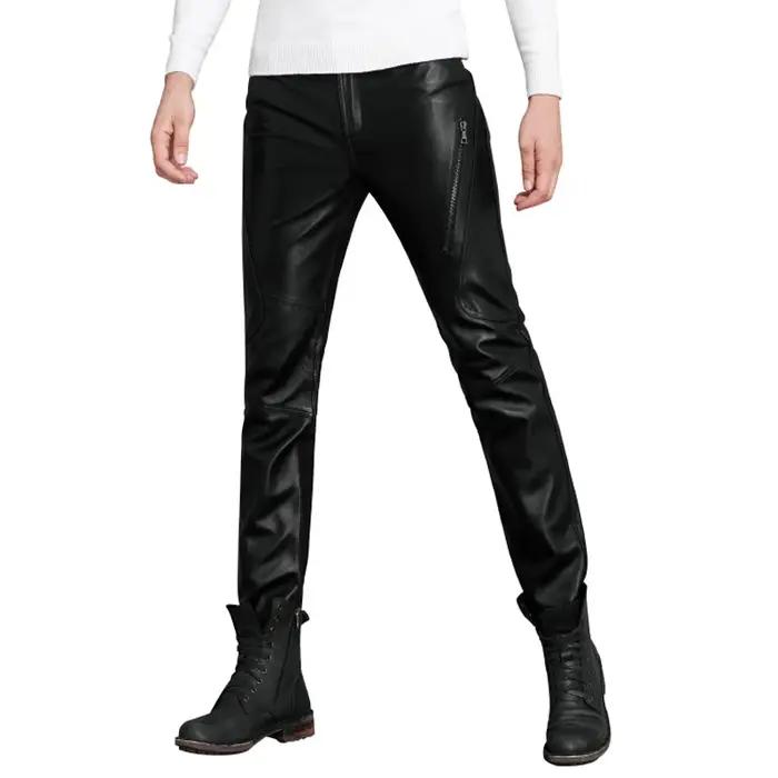 Pantalon Slim en cuir véritable pour hommes, moto pour jeunes, personnalité en peau de mouton, vêtem