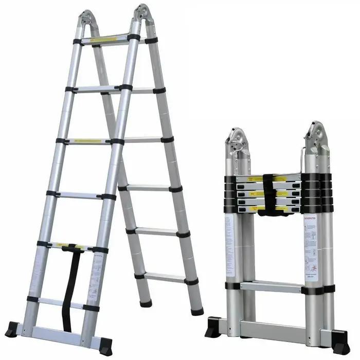 Échelle télescopique pliante de 3.8m/ 5m, cadre en A, alliage d'aluminium/acier inoxydable, antidéra