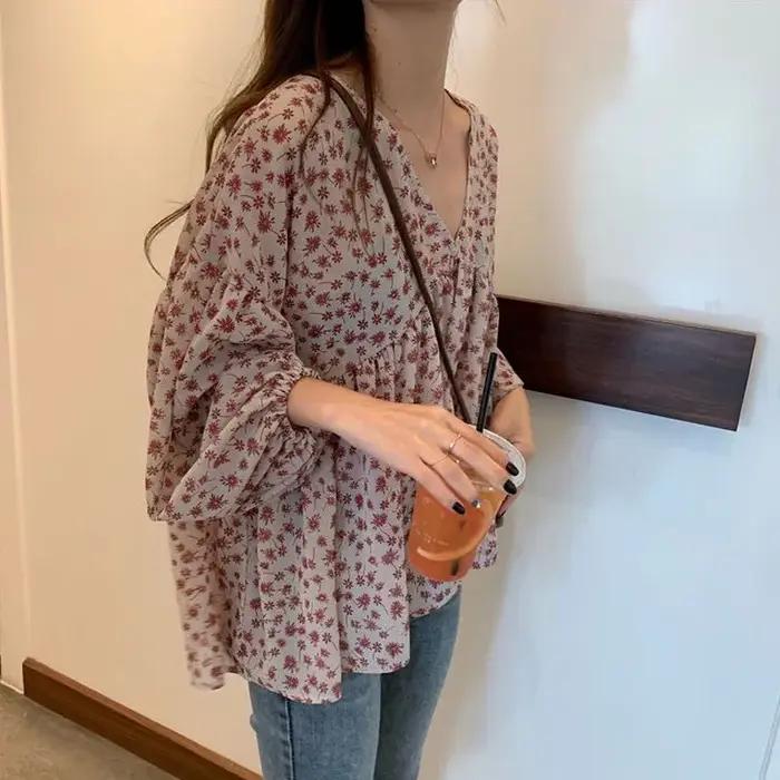 Col en v en mousseline de soie chemise femmes doux hauts Blouse 2025 printemps coréen imprimé fleuri