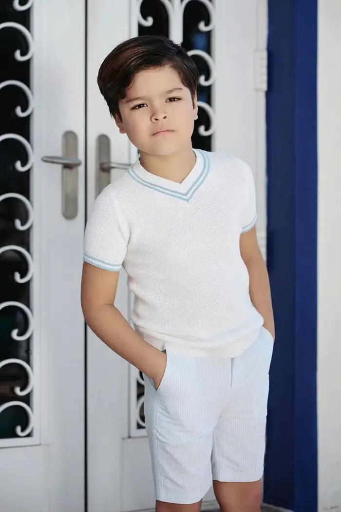 Vêtements assortis à fleurs et tricotés pour enfants, 2024 coton, collection été bleu Shabbos, soeur