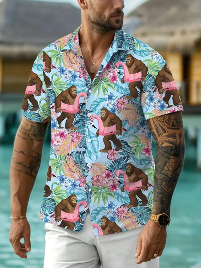 Chemise à manches courtes imprimée Allover pour hommes, col rabattu, fermeture à bouton complet sur