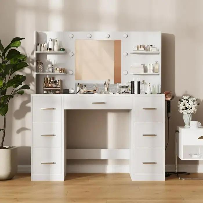 Furmax Vanity Desk avec miroir LED lumières prise de courant maquillage vanité Table 7 tiroirs 6 éta