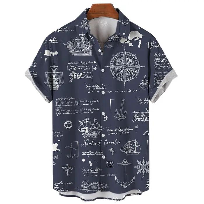 Sailing World Graphic 3D Print for Men, Vintage Shirt, Fashion, Casual Hawaiian Beach Style, Summer