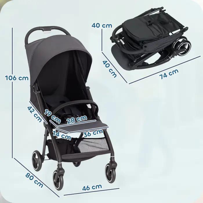 Poussette pliable pour bébé avec dossier inclinable, repose-pieds réglable, capote, panier, harnais,