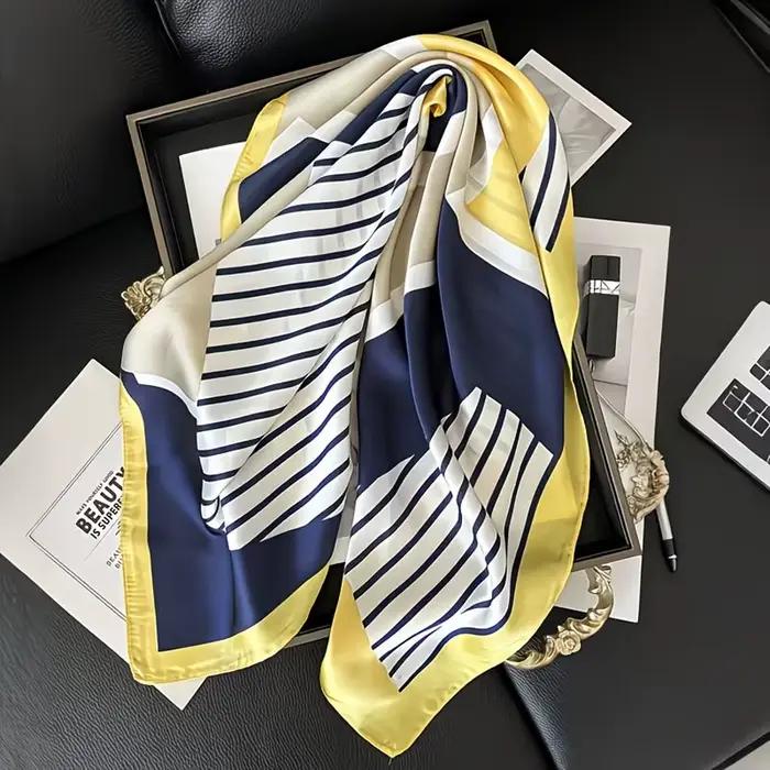 Écharpe carrée élégante à rayures bleu marine blanches et jaunes en polyester respirant pour bandes, châles et accessoires de cheveux occasions spéciales