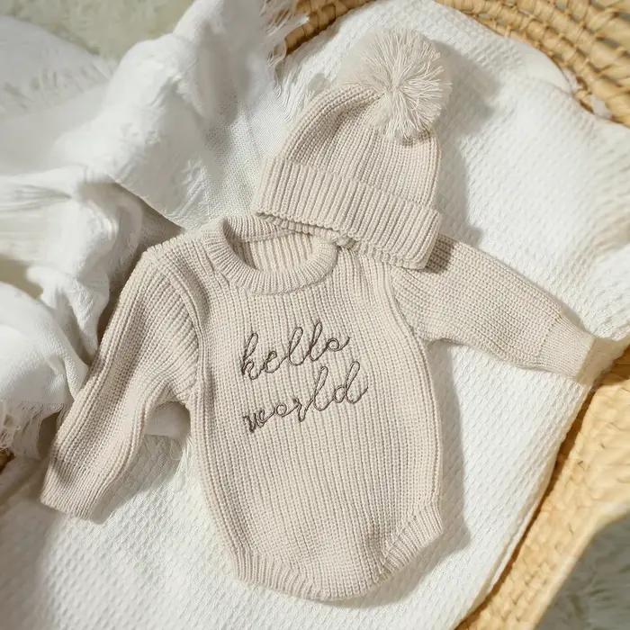 Ylsteed Hello World tricot nouveau-né photographie barboteuse avec chapeau à pompon assorti bébé gar