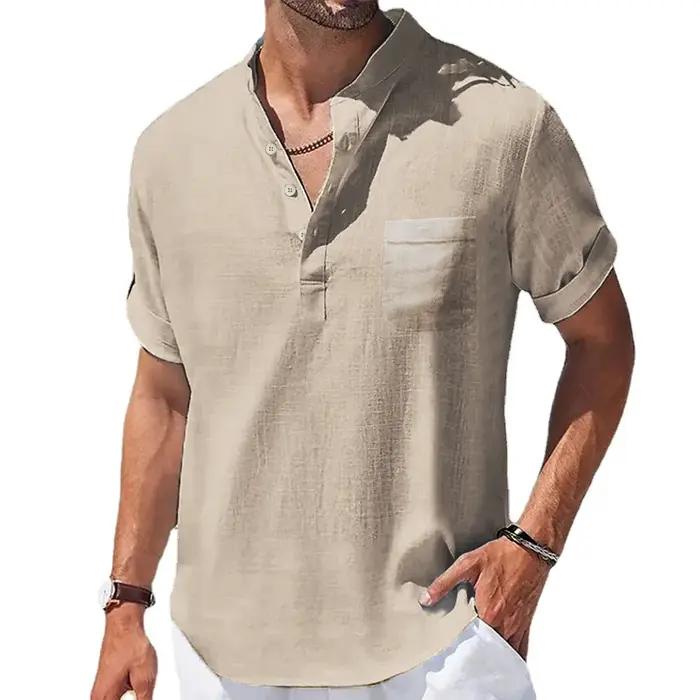 Été nouveaux hommes coton et lin chemises à manches courtes T-shirt col Henry décontracté hommes T-s