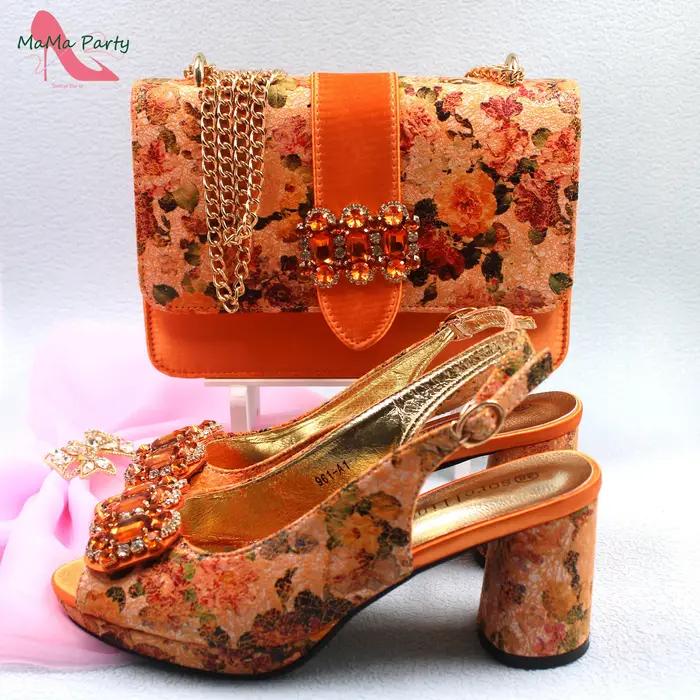 Ensemble de chaussures et de sacs en cuir PU orange pour femmes italiennes, design floral, robe, hau