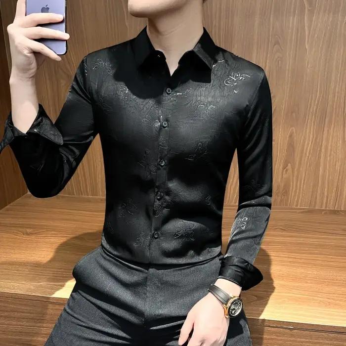 Chemise Jacquard papillon à manches longues pour hommes, tenue d'affaires décontractée, Slim Fit, St