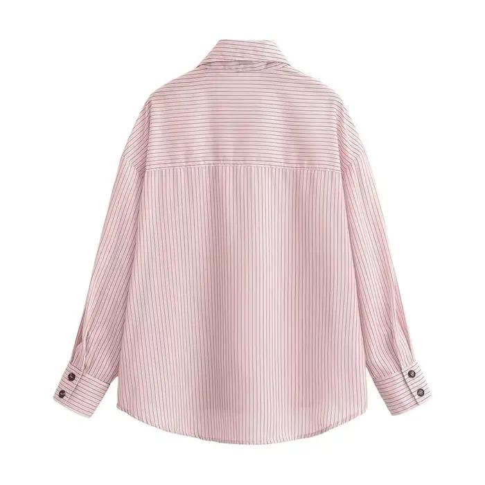 Chemise Femme Printemps 2026 Nouveau Style Rose Rayée Manches Longues Col Montant Boutonnage Simple